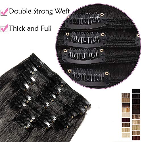 Extensiones de Cabello Natural Clip Double Weft(Muy Gruesas) Pelo Natural Humano 100% Remy 8 Piezas 18 Clips Lisas #1 Negro Intenso 20"(50cm,150g)