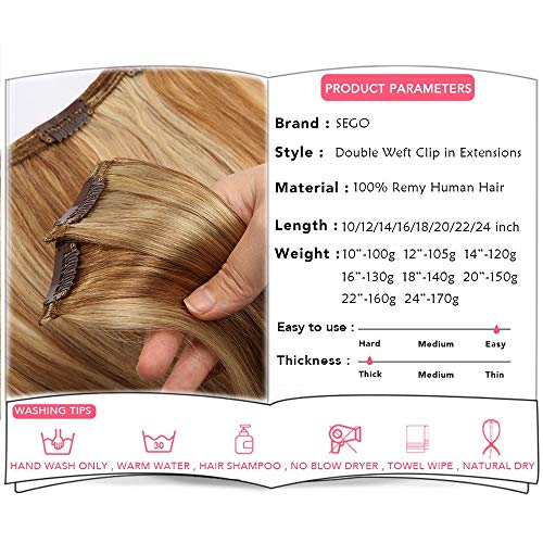 Extensiones de Cabello Natural Clip Double Weft(Muy Gruesas) Pelo Natural Humano 100% Remy 8 Piezas 18 Clips Lisas 14"(35cm,120g,#12/613 Castaño Dorado/Blanqueador Rubio)