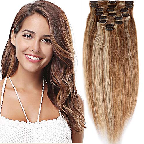 Extensiones de Cabello Natural Clip Double Weft(Muy Gruesas) Pelo Natural Humano 100% Remy 8 Piezas 18 Clips Lisas 14"(35cm,120g,#12/613 Castaño Dorado/Blanqueador Rubio)