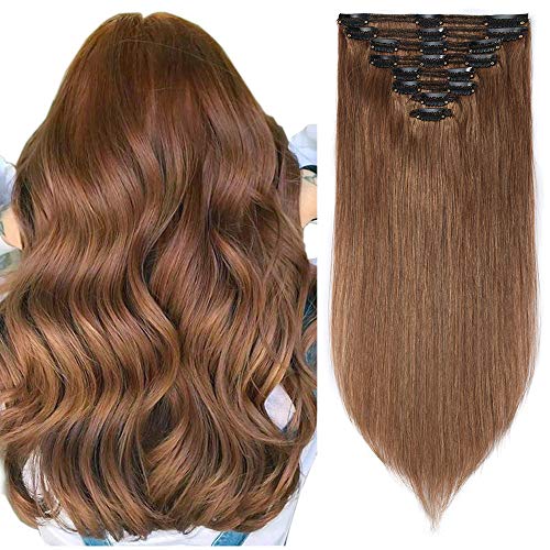 Extensiones de Cabello Natural Clip Double Weft(Muy Gruesas) Pelo Natural Humano 100% Remy 8 Piezas 18 Clips Lisas #6 Castaño Claro 20"(50cm,150g)