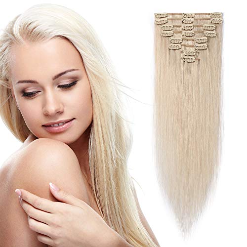 Extensiones de Cabello Natural Clip Postizos Pelo Humano Naturel Remy Balayage Clip In Human Hair Pulgadas Liso [ 8 Piezas 18 Clips ] - 16"(40CM) #70 Blanqueador Blanco