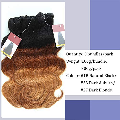 Extensiones de Cortina de Pelo Natural Rizadas Brasileñas Cabello Mechas Humano Onduladas [ 3 Paquets (300g) ] - 8 Pulgada 20CM #1B/33/27 Natural Negro Auburn Oscuro Rubio Oscuro