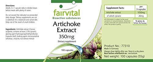 Extracto de Alcachofa 350mg - 2,5% Cinarina - VEGANO - Dosis elevada - 100 Cápsulas - Calidad Alemana