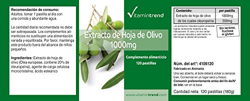Extracto de Hoja de Olivo 1000 mg – Vegano – 120 Comprimidos – 20% de Oleuropeína– Olea Europaea – Vitaminas C y E