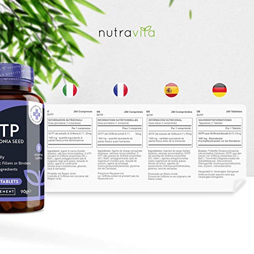 Extracto de semilla de Griffonia 5HTP 400mg - 240 tabletas veganas - Suministro de 8 meses de fuerza máxima 5-HTP - Hecho en el Reino Unido por Nutravita