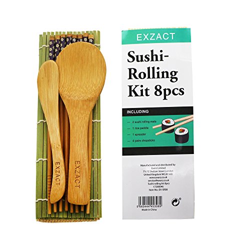 Exzact EX-SR08 Juego de 8 Piezas para Preparar Sushi de Bambú - 2 x Esterillas, 1 x Paleta de Arroz, 1 x Esparcidor de Arroz, 4 Pares de Palillos - Todo Natural, Hermoso Estilo Oriental (EX-SR08)