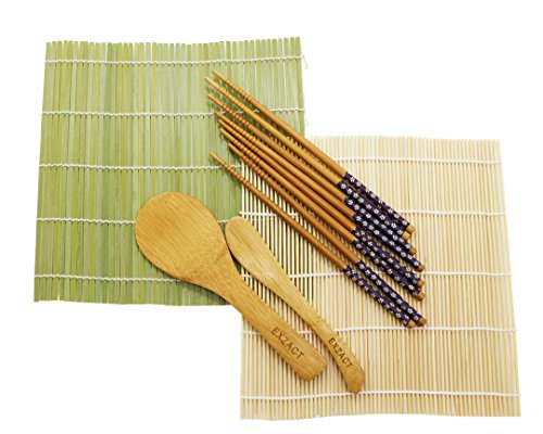 Exzact EX-SR08 Juego de 8 Piezas para Preparar Sushi de Bambú - 2 x Esterillas, 1 x Paleta de Arroz, 1 x Esparcidor de Arroz, 4 Pares de Palillos - Todo Natural, Hermoso Estilo Oriental (EX-SR08)