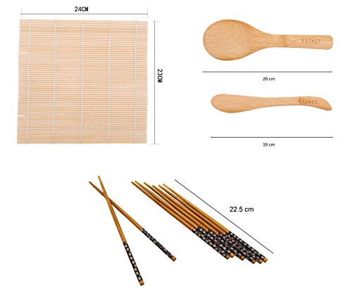 Exzact EX-SR08 Juego de 8 Piezas para Preparar Sushi de Bambú - 2 x Esterillas, 1 x Paleta de Arroz, 1 x Esparcidor de Arroz, 4 Pares de Palillos - Todo Natural, Hermoso Estilo Oriental (EX-SR08)