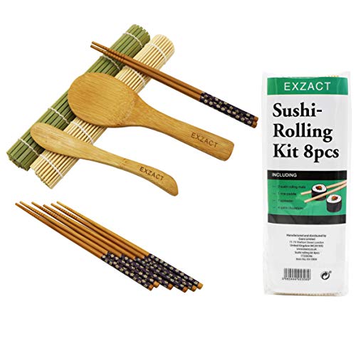 Exzact EX-SR08 Juego de 8 Piezas para Preparar Sushi de Bambú - 2 x Esterillas, 1 x Paleta de Arroz, 1 x Esparcidor de Arroz, 4 Pares de Palillos - Todo Natural, Hermoso Estilo Oriental (EX-SR08)