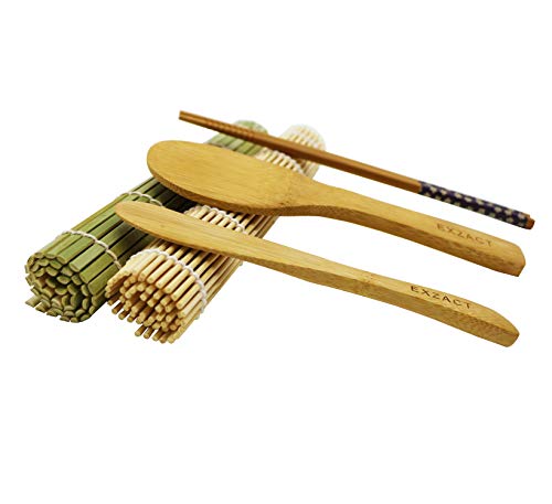 Exzact EX-SR08 Juego de 8 Piezas para Preparar Sushi de Bambú - 2 x Esterillas, 1 x Paleta de Arroz, 1 x Esparcidor de Arroz, 4 Pares de Palillos - Todo Natural, Hermoso Estilo Oriental (EX-SR08)