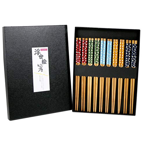 Exzact Set de regalo para palillos 10 pares de palillos de bambú natural reutilizables en una hermosa caja negra hecha a mano - Estilo japonés decorado