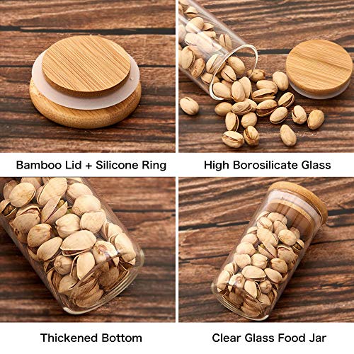 EZOWare 10 Pcs Tarros de Vidrio, Pequeños Frascos con Tapa Hermética de Madera Bambú y Etiquetas para Almacenaje y Conservar Alimentos, Especias, uso en Cocina, Baño, Decorativo - 200ml