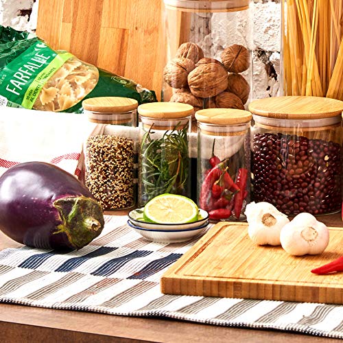 EZOWare 10 Pcs Tarros de Vidrio, Pequeños Frascos con Tapa Hermética de Madera Bambú y Etiquetas para Almacenaje y Conservar Alimentos, Especias, uso en Cocina, Baño, Decorativo - 200ml