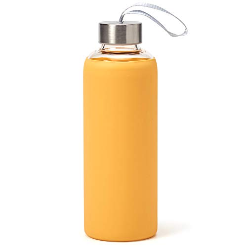 EZOWare Botella de Agua de Cristal, 550ml Sport Botella Reutilizable de Vidro Borosilicato con Funda Siliconia y Tapa de Acero Inoxidable - Amarillo