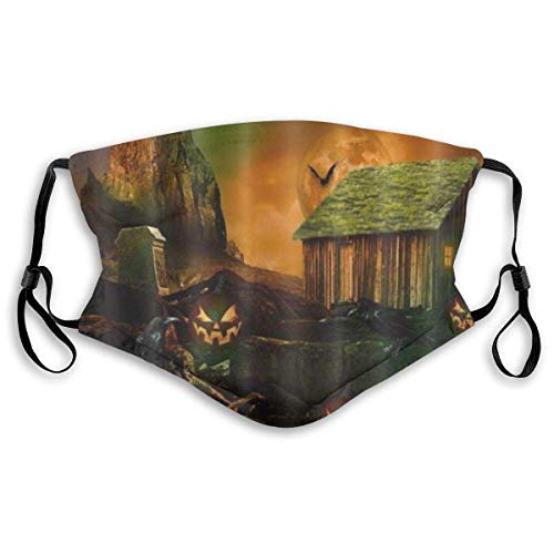 Face Cover Halloween Scary Full Moon Haunted House Cemetery Grave Stone Balaclava Reusable Anti-Dust Mouth Bandanas with 2 Filters