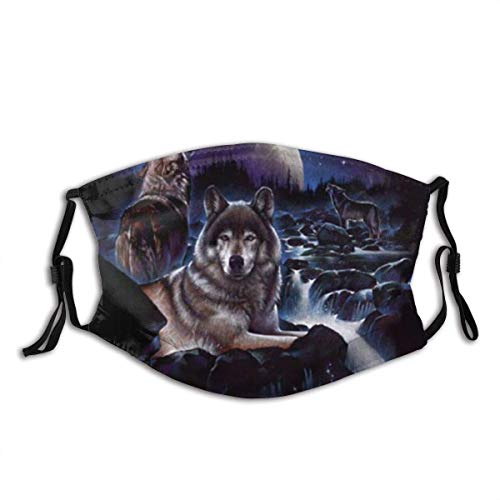 Face Cover Three Wolves One of Which Lies On A Stone Ledge and The Other Two Howl At The Moon Balaclava Unisex Reusable Mouth Bandanas Running Neck Gaiter with 2 Filters