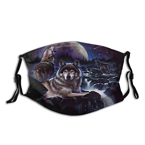Face Cover Three Wolves One of Which Lies On A Stone Ledge and The Other Two Howl At The Moon Balaclava Unisex Reusable Windproof Mouth Bandanas Outdoor Camping Neck Gaiter with 2 Filters