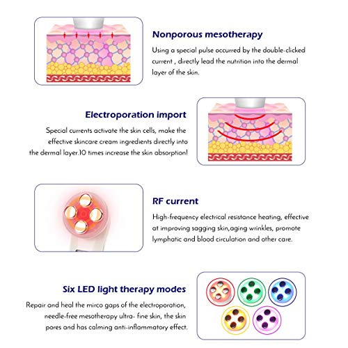 Facial Aparato Radiofrecuencia, Aparato Facial Ultrasonido, 5 Modos de Terapia de luz LED, Antiarrugas, Anti-envejecimiento, Rejuvenecimiento, Limpieza Profunda, Cuidado Facial, Buen Regalo para Damas