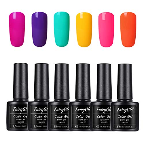 Fairyglo Esmaltes Semipermanentes en Gel UV LED, 6pcs Kit de Macarrón Esmaltes de Uñas Soak-off 8ml 001