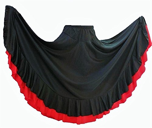 Falda de flamenco para mujer 2 volantes, color negro rojo, Negro con volante rojo, Large