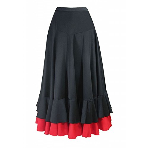 Falda de flamenco para mujer 2 volantes, color negro rojo, Negro con volante rojo, Large