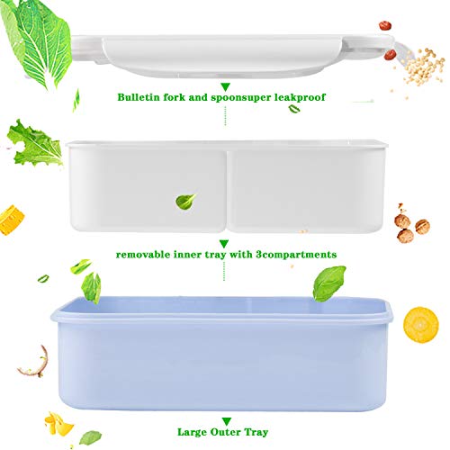 Fambrera Infantil, Lunch Box, Fiambrera con 3 Compartimientos, Cuchara Tenedor Lonchera, Bento Box Sostenible, para Microondas y Lavavajillas. (Azul)