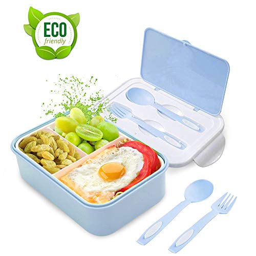 Fambrera Infantil, Lunch Box, Fiambrera con 3 Compartimientos, Cuchara Tenedor Lonchera, Bento Box Sostenible, para Microondas y Lavavajillas. (Azul)