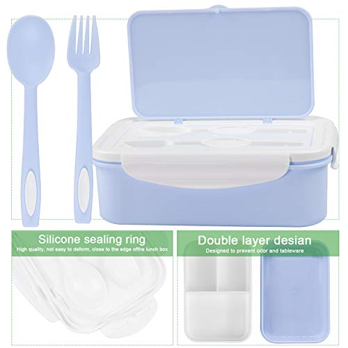 Fambrera Infantil, Lunch Box, Fiambrera con 3 Compartimientos, Cuchara Tenedor Lonchera, Bento Box Sostenible, para Microondas y Lavavajillas. (Azul)