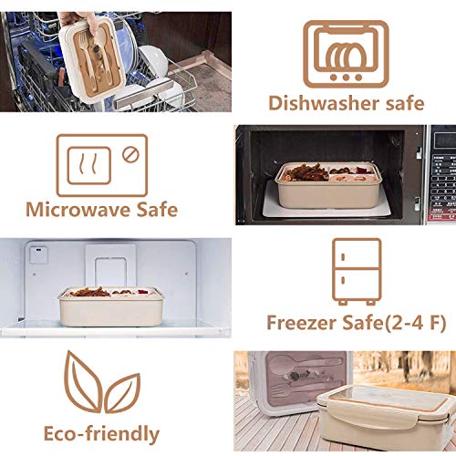Fambrera Infantil, Lunch Box, Fiambrera con 3 Compartimientos, Cuchara Tenedor Lonchera, Bento Box Sostenible, para Microondas y Lavavajillas. (Beige)