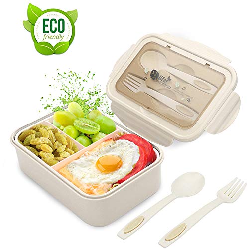 Fambrera Infantil, Lunch Box, Fiambrera con 3 Compartimientos, Cuchara Tenedor Lonchera, Bento Box Sostenible, para Microondas y Lavavajillas. (Beige)