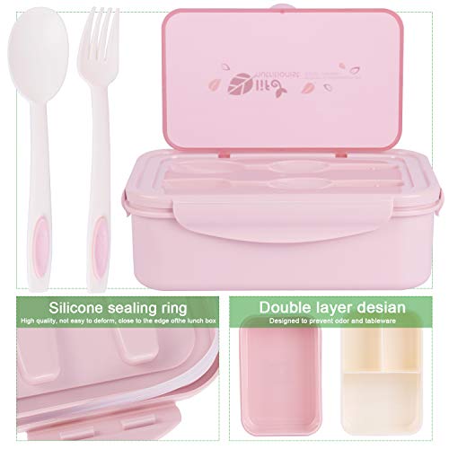 Fambrera Infantil, Lunch Box, Fiambrera con 3 Compartimientos, Cuchara Tenedor Lonchera, Bento Box Sostenible, para Microondas y Lavavajillas. (Rosado-B)