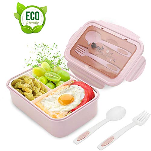 Fambrera Infantil, Lunch Box, Fiambrera con 3 Compartimientos, Cuchara Tenedor Lonchera, Bento Box Sostenible, para Microondas y Lavavajillas. (Rosado-B)
