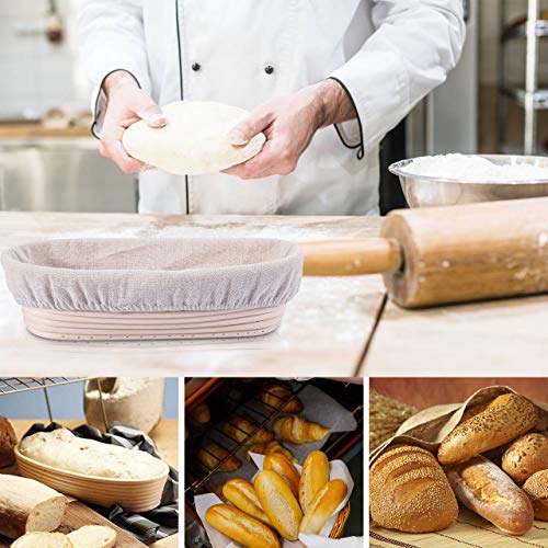 Familybox Banneton Canasta de Prueba de Pan Ovalada de 27.6 cm, Cesta de Ratán Natural para Pan y Masa(hasta 1000g) con Línea de Tela Raspador de Pasta, Pan cojo, Set de Recetas de Inicio