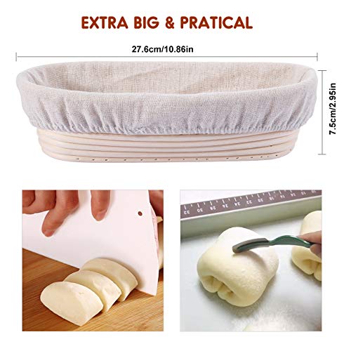 Familybox Banneton Canasta de Prueba de Pan Ovalada de 27.6 cm, Cesta de Ratán Natural para Pan y Masa(hasta 1000g) con Línea de Tela Raspador de Pasta, Pan cojo, Set de Recetas de Inicio
