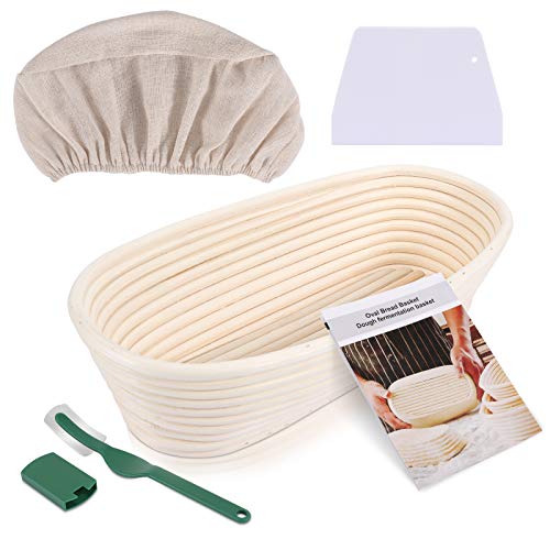 Familybox Banneton Canasta de Prueba de Pan Ovalada de 27.6 cm, Cesta de Ratán Natural para Pan y Masa(hasta 1000g) con Línea de Tela Raspador de Pasta, Pan cojo, Set de Recetas de Inicio