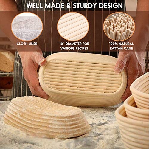 Familybox Banneton Canasta de Prueba de Pan Ovalada de 27.6 cm, Cesta de Ratán Natural para Pan y Masa(hasta 1000g) con Línea de Tela Raspador de Pasta, Pan cojo, Set de Recetas de Inicio