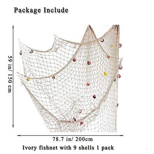 Fangoo 200 cm x 150 cm Red de Pesca con Conchas Playa Decoración temática para Fiesta Hogar Sala de Estar Dormitorio Decoración de Estilo mediterráneo Decoración de Pared (Blanco)