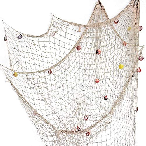 Fangoo 200 cm x 150 cm Red de Pesca con Conchas Playa Decoración temática para Fiesta Hogar Sala de Estar Dormitorio Decoración de Estilo mediterráneo Decoración de Pared (Blanco)