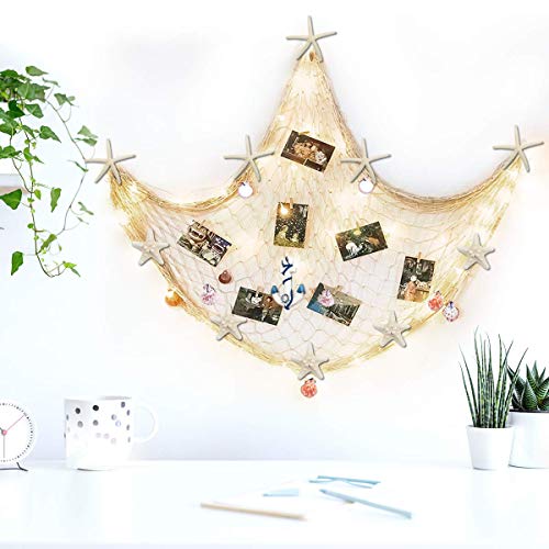 Fangoo 200 cm x 150 cm Red de Pesca con Conchas Playa Decoración temática para Fiesta Hogar Sala de Estar Dormitorio Decoración de Estilo mediterráneo Decoración de Pared (Blanco)