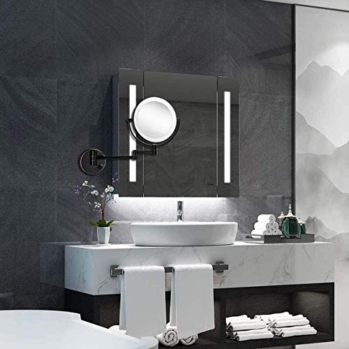 FANPING 8,6 Pulgadas de Montaje en Pared con luz Espejo de Maquillaje con un Aumento de 10x, Negro Mate LED Espejo de baño Doble Cara giratoria Desarrollado por Enchufe, de Afeitar en el Dormitorio o