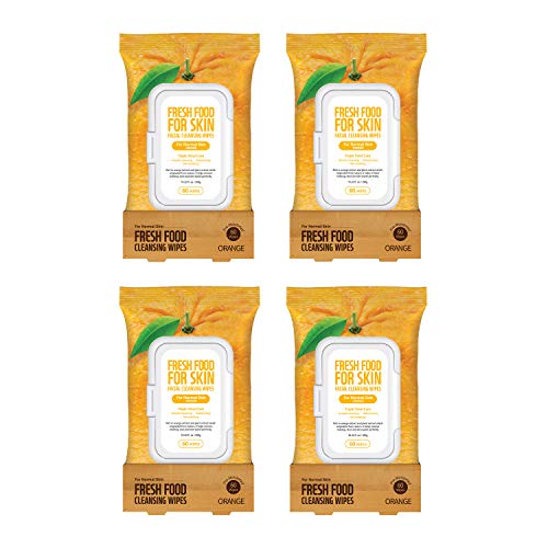 FARMSKIN Freshfood For Skin - Toallitas limpiadoras faciales, desmaquillador diario, naranja para piel normal, 60 unidades (paquete de 4)