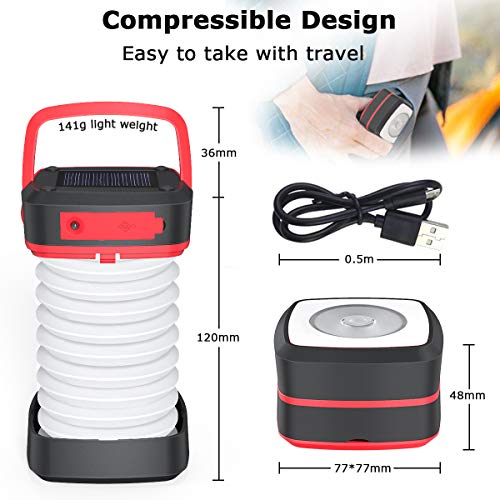 Farol Camping Recargable, GlobaLink Luz Camping Solar Linterna Camping Lampara Camping LED 140LM Carga Solar/USB Luz Baja/Alta/Parpadeo Ligero Plegable Portátil para Acampada, con USB Cable y Pulsera