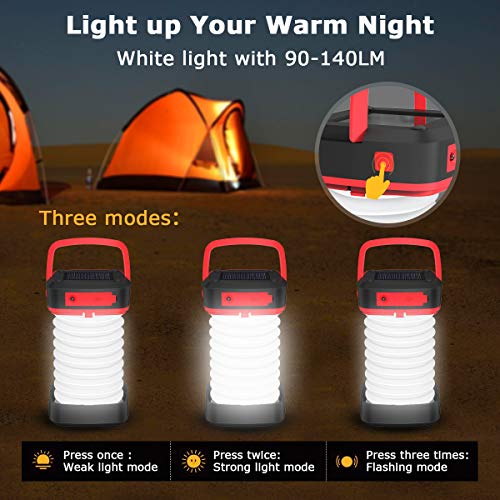 Farol Camping Recargable, GlobaLink Luz Camping Solar Linterna Camping Lampara Camping LED 140LM Carga Solar/USB Luz Baja/Alta/Parpadeo Ligero Plegable Portátil para Acampada, con USB Cable y Pulsera