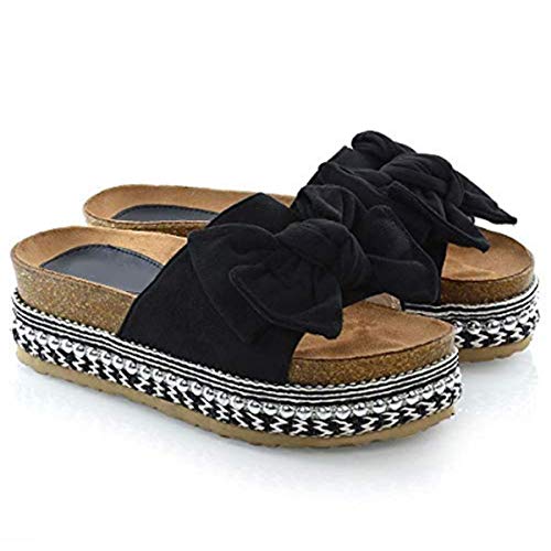 Fashion Thirsty Mujer Lazo Forma Plana Sandalias Punta Abierta Mujer Perla Tachuela Plataforma Cuñas Zapatos de Heelberry - Negro Ante Artificial, 37