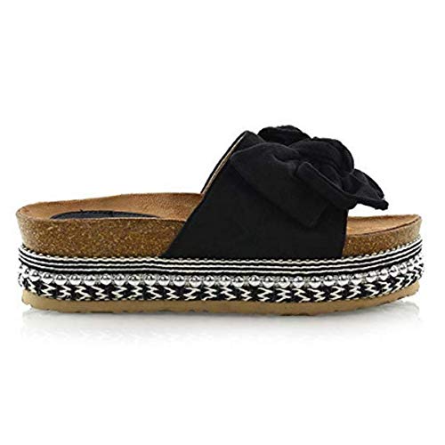 Fashion Thirsty Mujer Lazo Forma Plana Sandalias Punta Abierta Mujer Perla Tachuela Plataforma Cuñas Zapatos de Heelberry - Negro Ante Artificial, 37