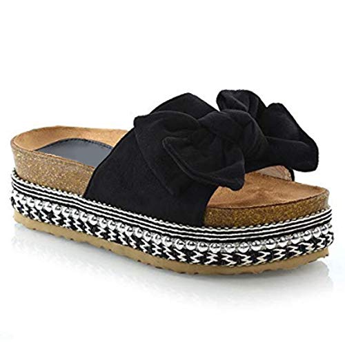 Fashion Thirsty Mujer Lazo Forma Plana Sandalias Punta Abierta Mujer Perla Tachuela Plataforma Cuñas Zapatos de Heelberry - Negro Ante Artificial, 37