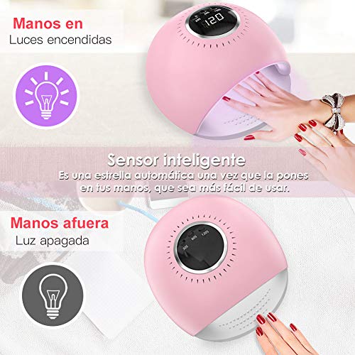 FASHSMILE Lampara LED Uñas, 84W Secador de Uñas Botón Táctil Lampara para Blanquear Incorporada con Pantalla LCD Temporizador de 30 seg, 60 seg, Modo de Calor Bajo 120 seg Secado Rápido Rosa