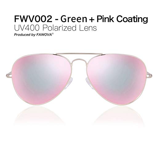 fawova Gafas Sol Aviador Mujer Polarizadas,Rosa Verde Reflejado con Montura de Metal Rosa Oro y Punta de Tortuga Rosa,Conducir, Pescar, Golf, Correr, Cat.3,UV400, 58mm(Rosa oro, Verde Rosa Espejado)