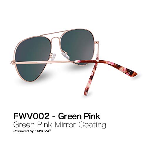 fawova Gafas Sol Aviador Mujer Polarizadas,Rosa Verde Reflejado con Montura de Metal Rosa Oro y Punta de Tortuga Rosa,Conducir, Pescar, Golf, Correr, Cat.3,UV400, 58mm(Rosa oro, Verde Rosa Espejado)