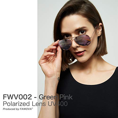 fawova Gafas Sol Aviador Mujer Polarizadas,Rosa Verde Reflejado con Montura de Metal Rosa Oro y Punta de Tortuga Rosa,Conducir, Pescar, Golf, Correr, Cat.3,UV400, 58mm(Rosa oro, Verde Rosa Espejado)